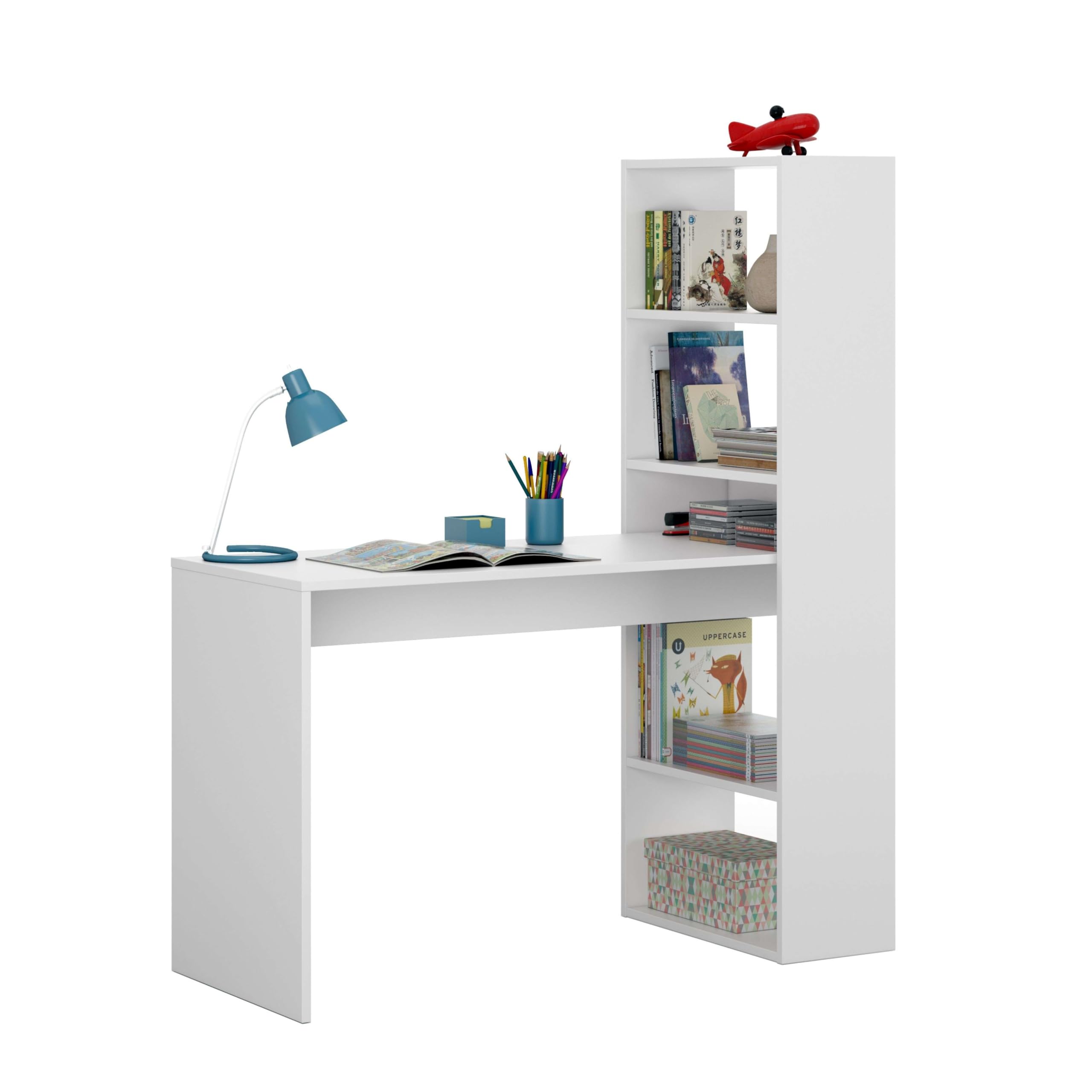 Habitdesign Mesa de Escritorio Dois con Estantería Reversible Blanco Mate, Fabricado en Melamina 120x144x53 cm