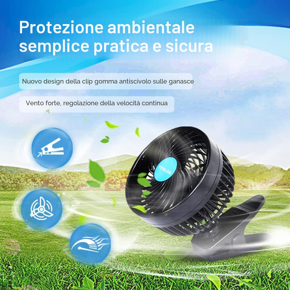 Ventilatore Auto 12 Volt,Ventilatore 12V con Clip Raffreddamento Ventilatore per Auto 360° Ruotabile,Ventilatori per Auto 12V con Regolazione Continua della velocità per Auto, SUV, Camper-2026 nuovo