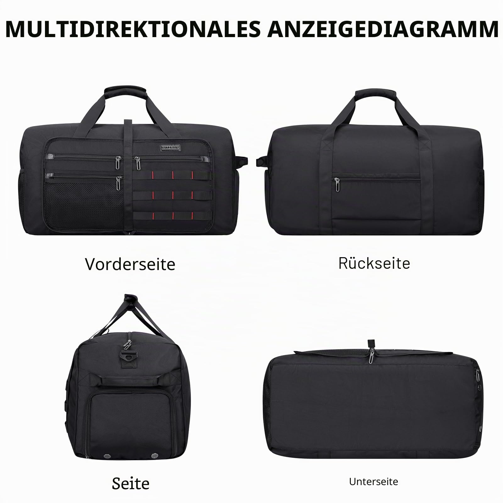 WITZMAN Faltbare Reisetasche Herren 65L Leicht Weekender mit Schuhfach | Nylon, Zusammenfaltbar für Platzsparende Aufbewahrung, Vielseitig für Gym, Wochenend, Sport, Übernachtung, B697 Schwarz