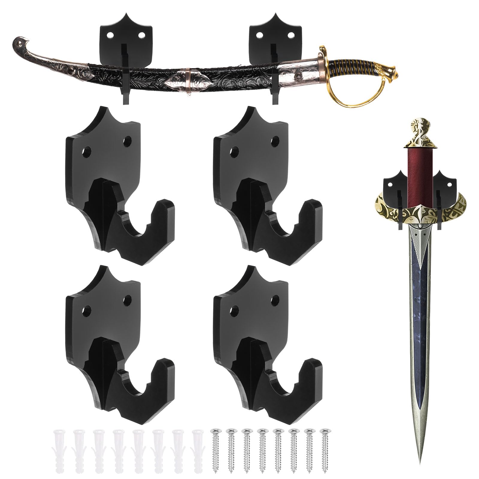 uxcell 4 Pcs Sword Holder Wall Mount Sword Racks Acrylic Wall Sword Display Hanger with Mounting Tools for Knife Martial Arts Sword Placement Display, Black(Shield)