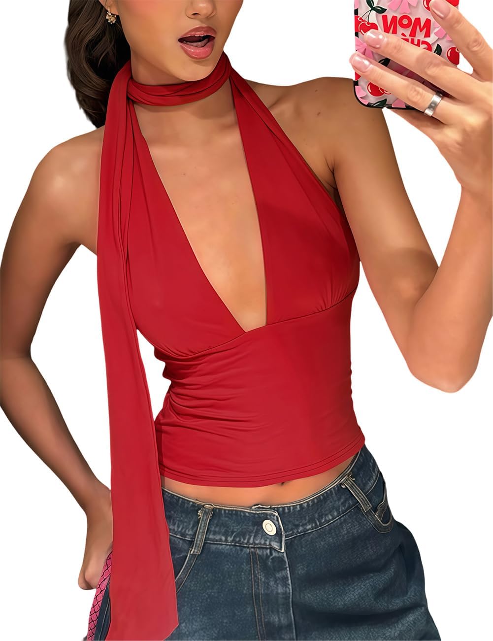 Lancifolium Halter Scarf Tops for Women Trending Sleeveless Plunge Neckline Cropped Tank Double Lined Outfits