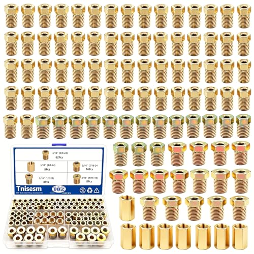 Tnisesm 102Pcs 3/16 Brake Line Fittings Assortment Kit 3/8 Inch-24 Threads Nuts and Unions 7/16Inch-24 Thread 1/2 Inch-20 Thread 9/16 Inch-18 Thread