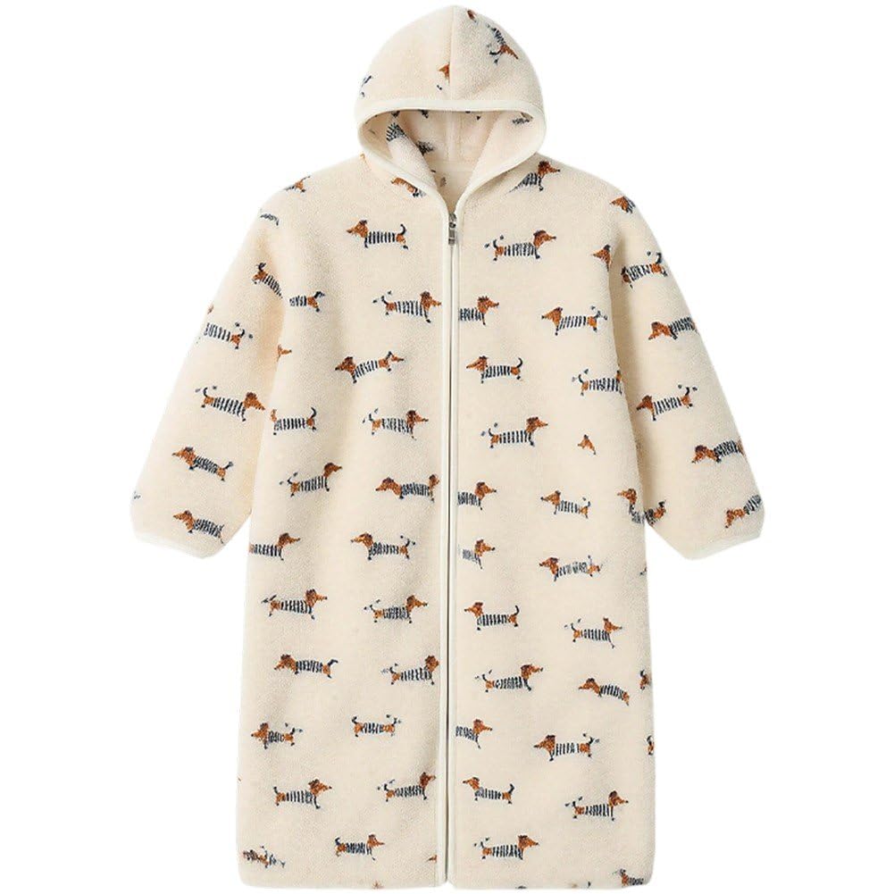 Fituenly Women's As Shown Dachshund Robe Hooded Zipper Flannel Bathrobes Housecoat Plush Fleece Warm Sleepwear Long Pajamas Nightgown