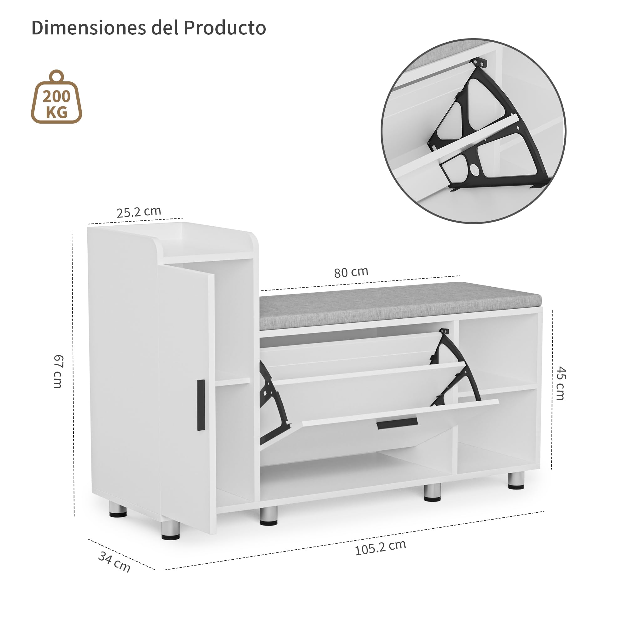 BonVache Banco Zapatero con Asiento y Solapa, Altura Ajustable, Organizador Zapatos con Armario de Almacenamiento y 3 Espacios Abiertos, para Entrada, Pasillo, recibidor, 105 x 34 x 67cm, Blanco