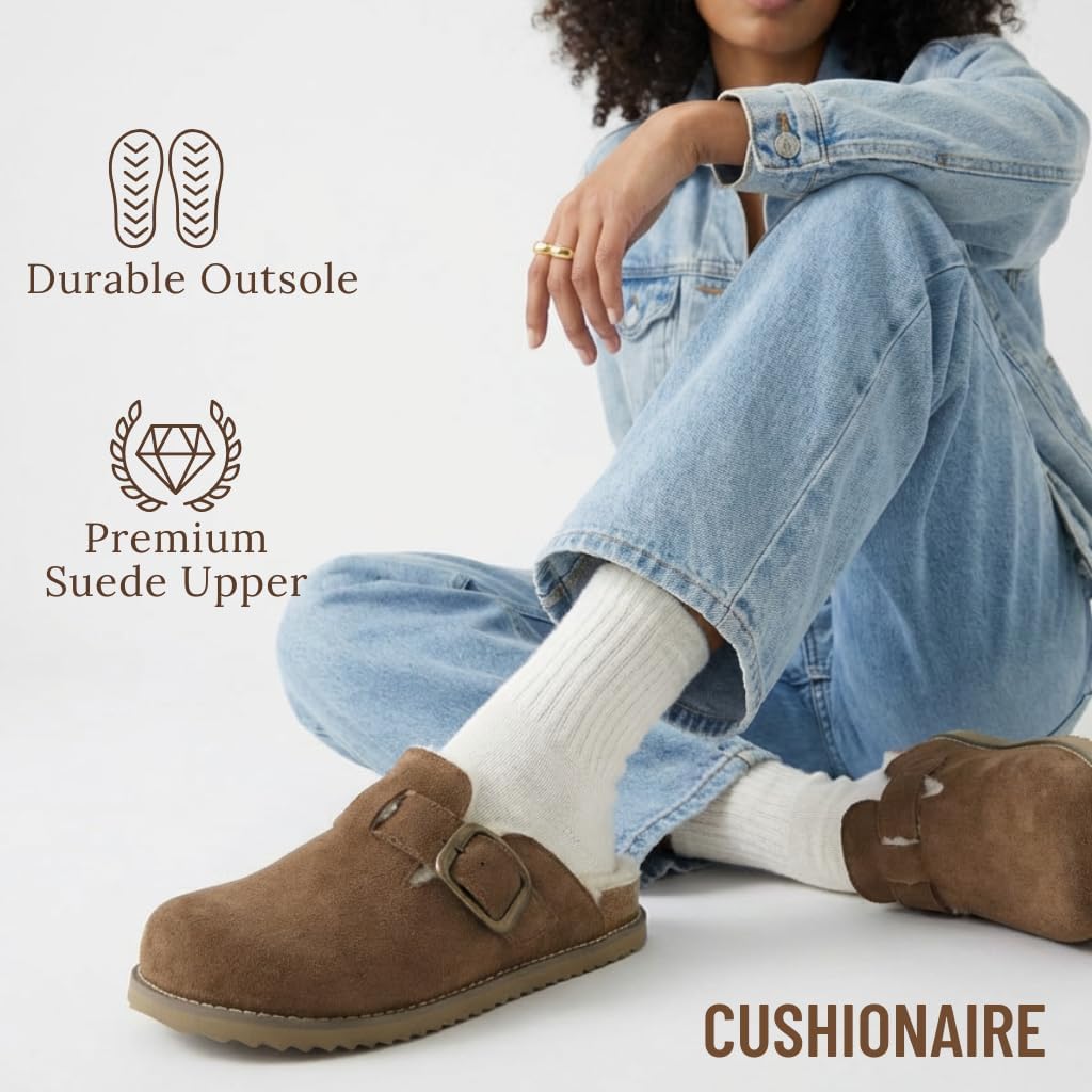 CUSHIONAIRE Blain Fur Genuine Suede Clogs for Women, Cozy Slip-On Womens Slippers with Detailed Stitching and Memory Foam Comfort - Image 7