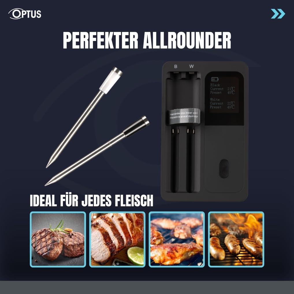 Optus Termometro Bluetooth per barbecue con 2 sonde wireless, controllo app, display IP67, allarme di temperatura, portata 60 m