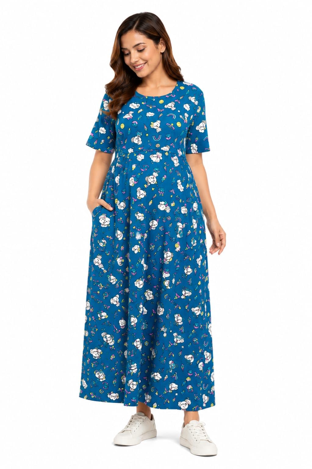 Cotton Flap/Zipless/Pullup Feeding Maternity Nighty for Women Side Pocket and Back Tie (Blue XXL)-image-44