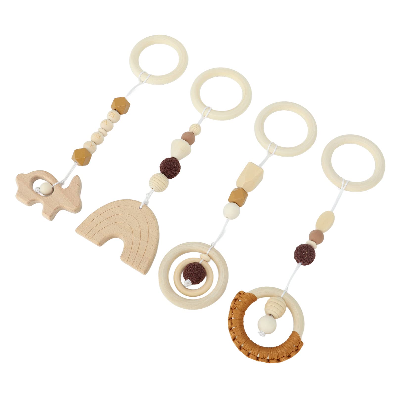 4 Pcs Wooden Hanging Toys, 4pcs Stroller Pendant Baby Play Gym Toys, Car & for Toddlers Infants (Coffee Color)
