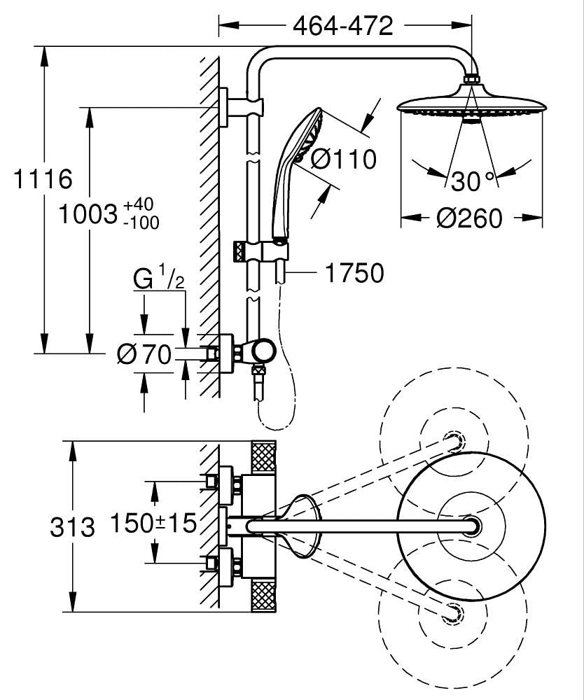 GROHE Vitalio Joy 260 - Sistema de ducha con termostato y bandeja (Ahorro de agua, Cabezal 26cm 3 chorros con rótula, Teleducha 11cm 3 chorros, Flexo 1.75m), Negro Mate, 264032432