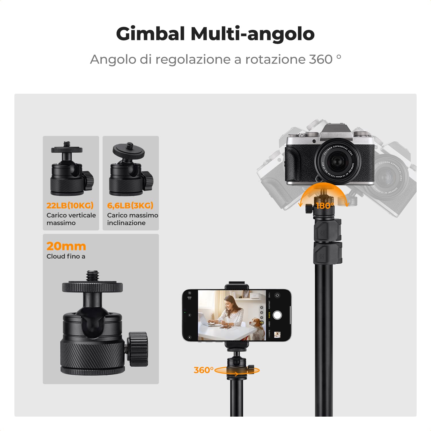 K&F CONCEPT 37-102 cm regolabile Supporto da tavolo w/attacco 1/4'',2 pz. | testa sferica 360° rimovibile, adatto per fotocamera, smartphone, luce ad anello, streaming e riprese video,TD01