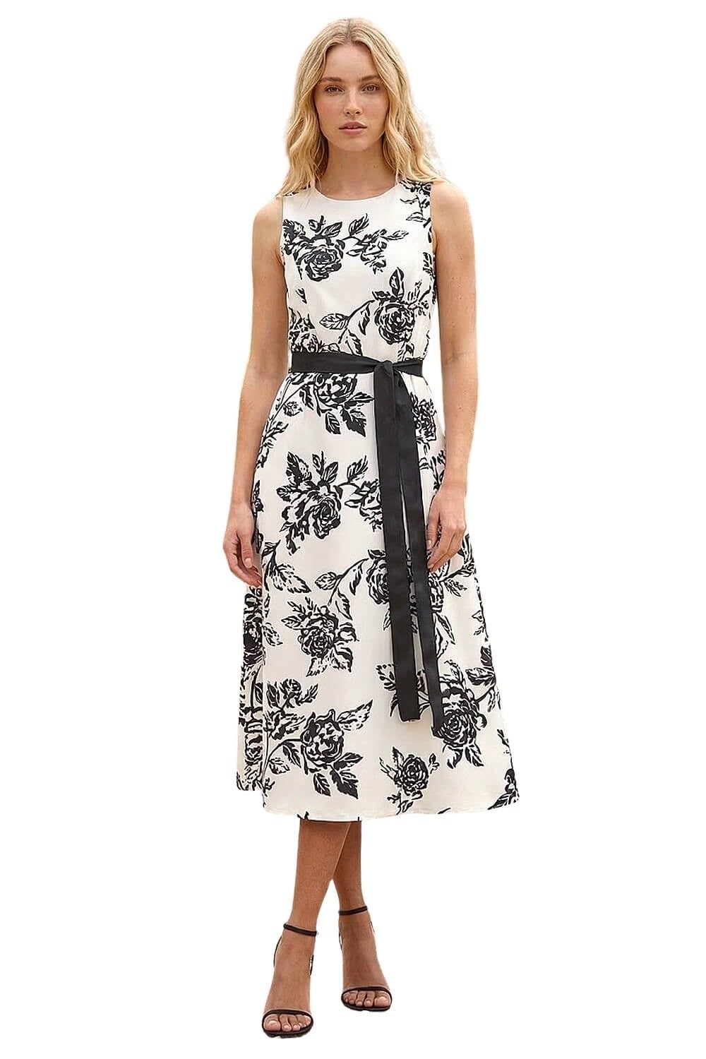 Roman Originals Monochrome Printed Satin Midi Dress for Women UK - Ladies Everyday Holiday Spring Summer Round Neckline Comfy Soft Evening Vacation Work Party - White - Size 10