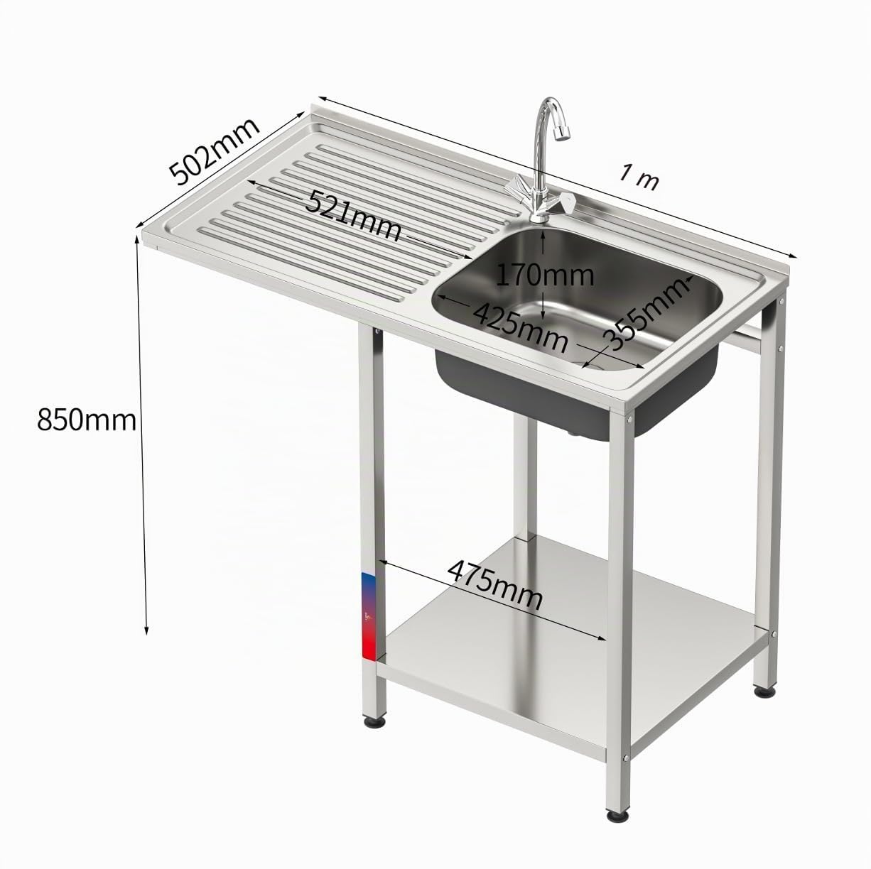 Fregadero Industrial con Hueco para Lavavasos en Acero Inoxidable | 1 Seno con Escurridor | 1000x500x850mm | Balda inferior, Peto Sanitario y Patas Regulables, Ideal Hostelería y Restauración