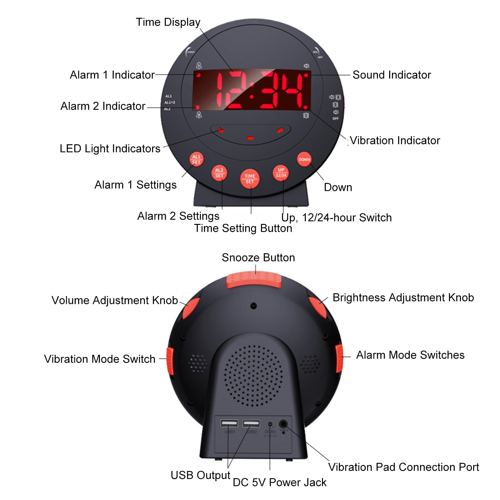 TARSHYRY Reloje de Alarma Fuerte con Agitador de Cama, Despertador Vibratorio con Pantalla LED para Durmientes Pesados/Dureza de Audición/Sordos/Adolescentes, Brillo/Volumen (Black)