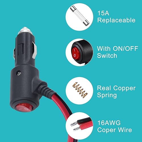 Miniatura 5 de Enchufe de encendedor de cigarrillos de 12 V con interruptor de encendido y apagado, 6 pies, 16 AWG, fusionado, 15 amperios, enchufe macho de