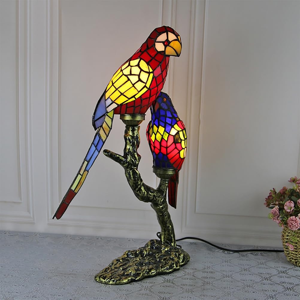 Fiunkes Parrots Table Lamp, Tiffany Style Red Green Yellow Stained Glass Accent Lamp, Parrots Decoration Lamp Bedside Lamp for Living Room, Study Room,D