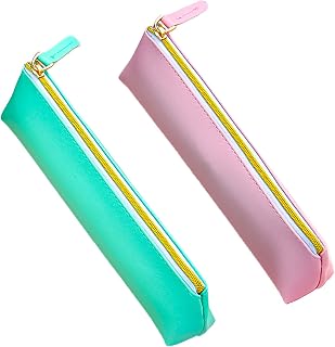 MORJCG 2 Pcs Small Pencil Case, Slim Pencil Case, Luxury PU Leather Pencil Case, Slim Design Pen Bag Leather Extra Small Pencil Case, Pencil Cases for Women with Gold Metal Zip (Pink & Green)