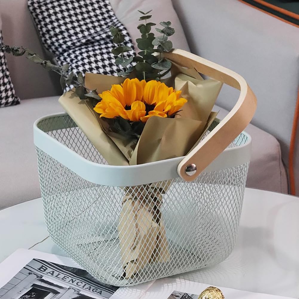 Square Metal Wire Woven Fruit Storage Bowl Basket with Wooden Handle Multi-function Hanging Organizer Baskets Mesh Stand for Kitchen Bathroom Picnic Shopping Decor (White)