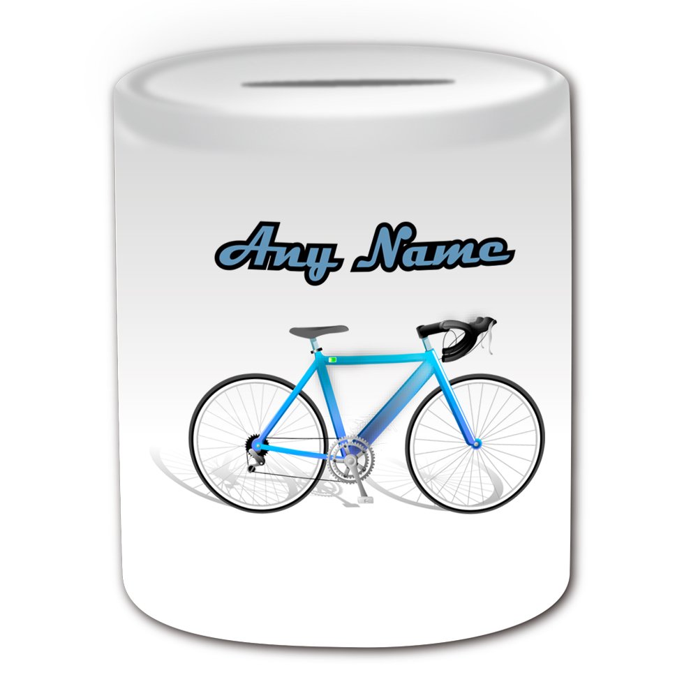Personalised Gift - Road Cycling Money Box (Sport Design Theme, White) - Any Name/Message on Your Unique - Piggy Bank Saving Jar Pot - Bicycle Touring Racing Riding Bike