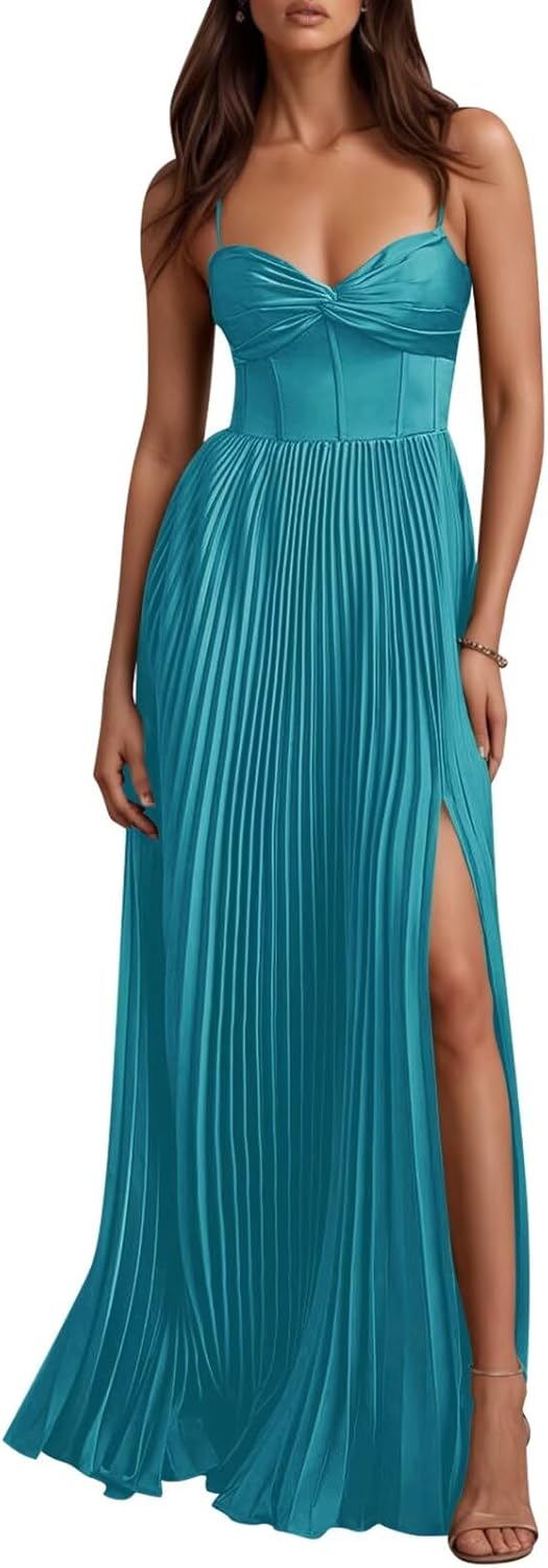 Basgute Satin Bridesmaid Dresses for Women Slit Long A Line Pleated Wedding Guest Dress Formal Cocktail Gown