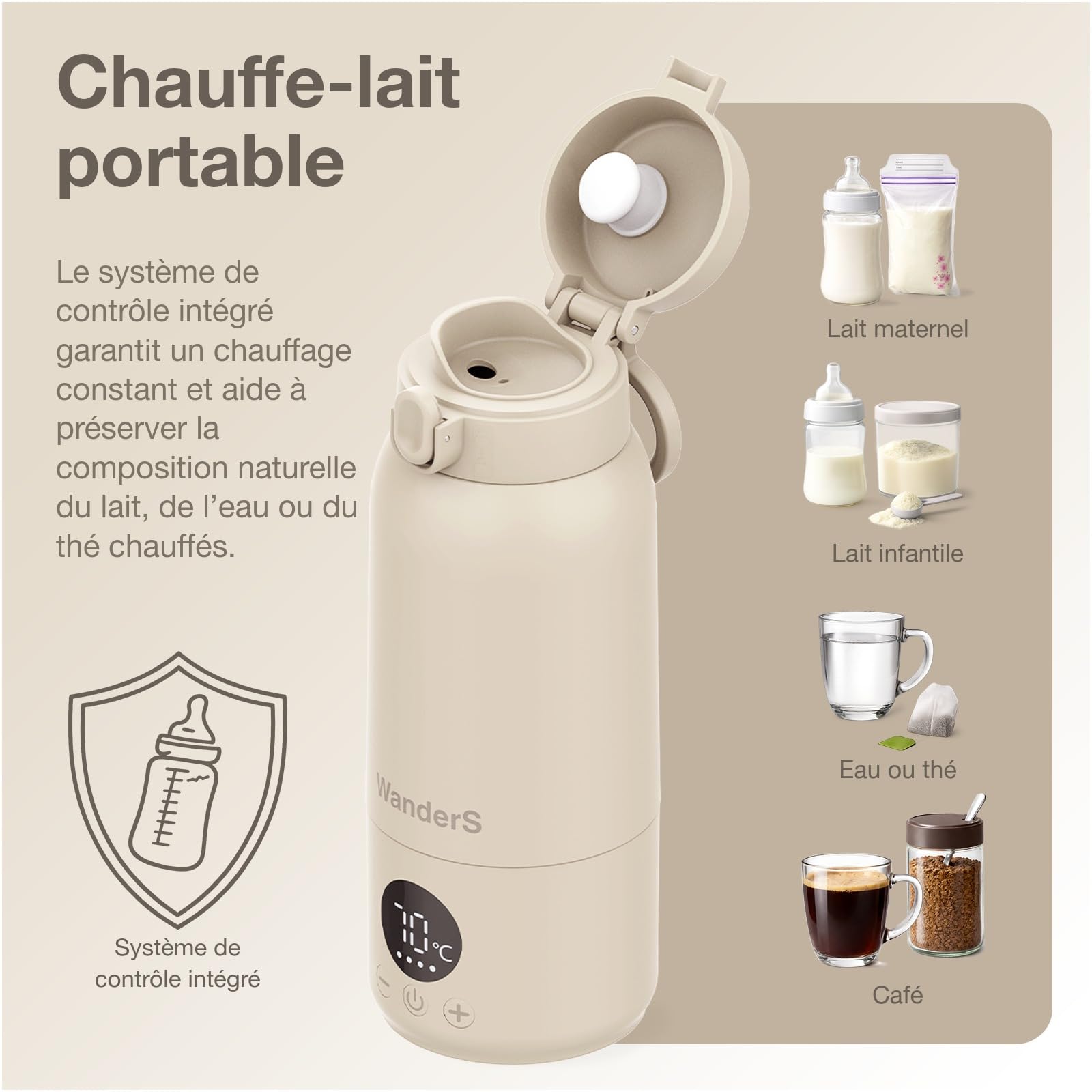 Chauffe-Biberon Nomade par WanderS – 500ML Chauffe-Biberon Portable - Contrôle Précis de la Température, Fonction Stérilisation, Acier Inoxydable 316L, Recharge USB-C, Étanche IPX6 et Verrou Sécurité