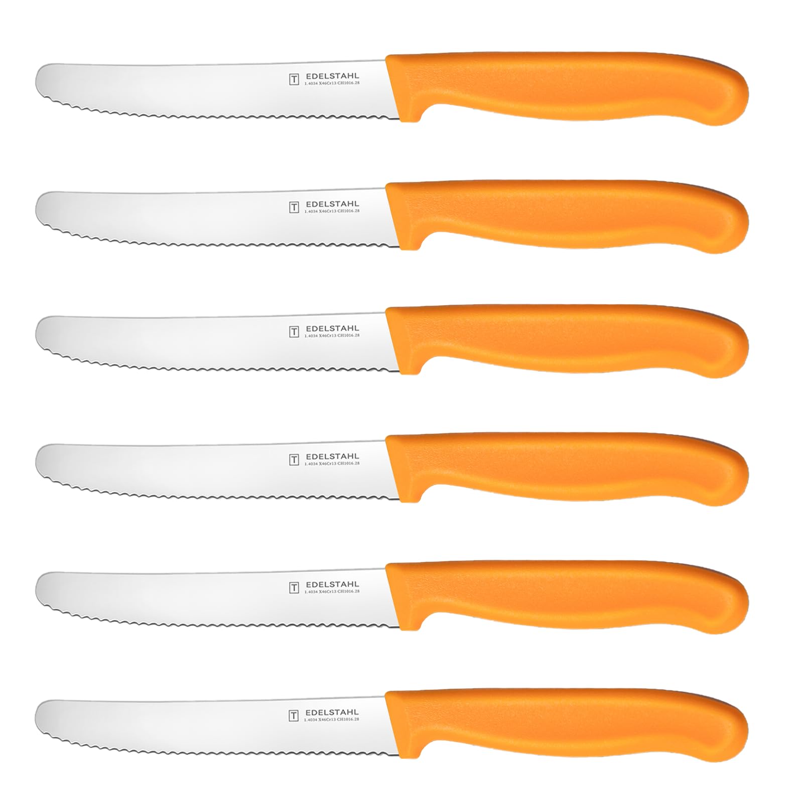 targzier Frühstücksmesser 6 Stück,Hochwertige Edelstahl Tafelmesser,Langlebiges Tomatenmesser,Kunststoffgriff Brötchenmesser Wellenschlif,Orange Brotzeitmesser,Scharfe Messer&Spülmaschinenfest
