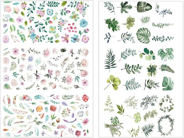 EXCEART 2pcs Leaves and Flowers Stickers Set Washi Stickers DIY Decorative Label for Arts DIY Crafts Scrapbooking Calendars Album Bullet Journals
