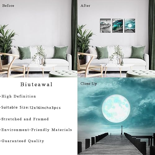 Miniatura 6 de Biuteawal Arte de pared de playa en blanco y negro para decoración de baño, decoración de pared costera verde azulado para sala de estar, faro, olas