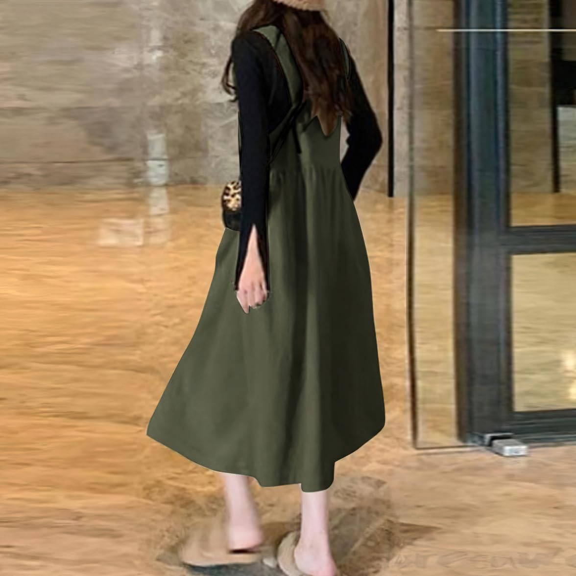 chouyatou Women's Elegant Sleeveless Corduroy Jumper Dress Flare Midi Long Overall Dress with Pockets