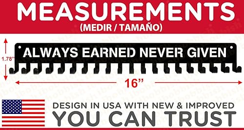 Miniatura 3 de Percha de exhibición de medallas Premium Never Give Up con 20 ganchos, exhibidor de medallas para pared con 16 pulgadas de largo, exhibidor de