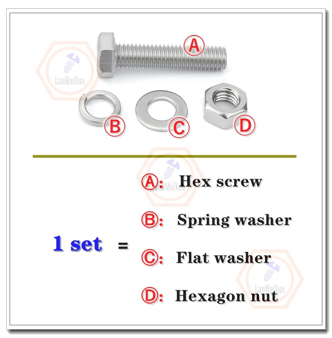 2set M12×90mm 304 Stainless Steel hex Head Cap Screws,Flat Washer, Spring Washer, hex Nuts Combination