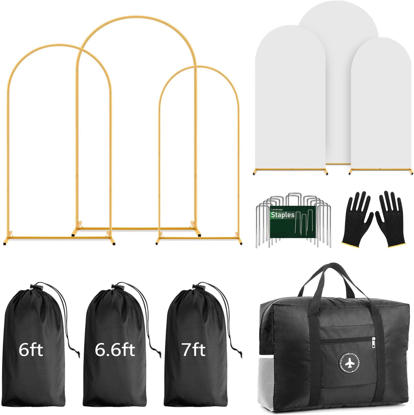 Arch Backdrop Stand and Cover Set (7.2ft,6.6ft,6ft) Metal Arch Frame Stand Gold, Wedding Birthday Party Baby Shower Graduation (White, 7.2Ft+6.6Ft+6Ft) White 7.2Ft+6.6Ft+6Ft