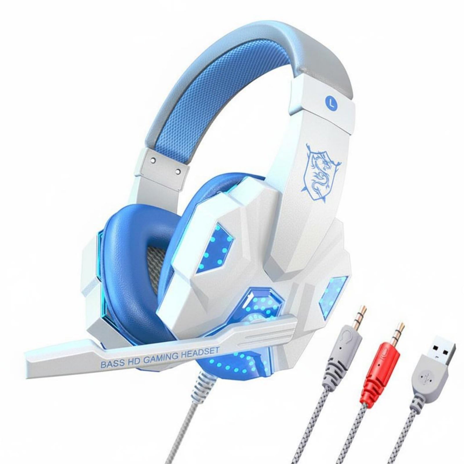 atorse in-line volume control led gaming headset mic 3d surround sound wired gaming headset lightweight design audio device adjustable headband for gamers, white blue, pc luminous