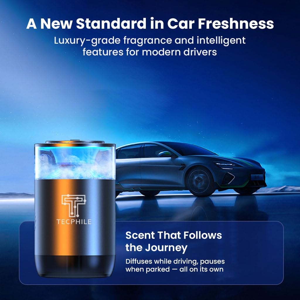 TECPHILE Car Air Freshener diffusing scent in a car interior, illustrating the 'Scent That Follows the Journey' feature