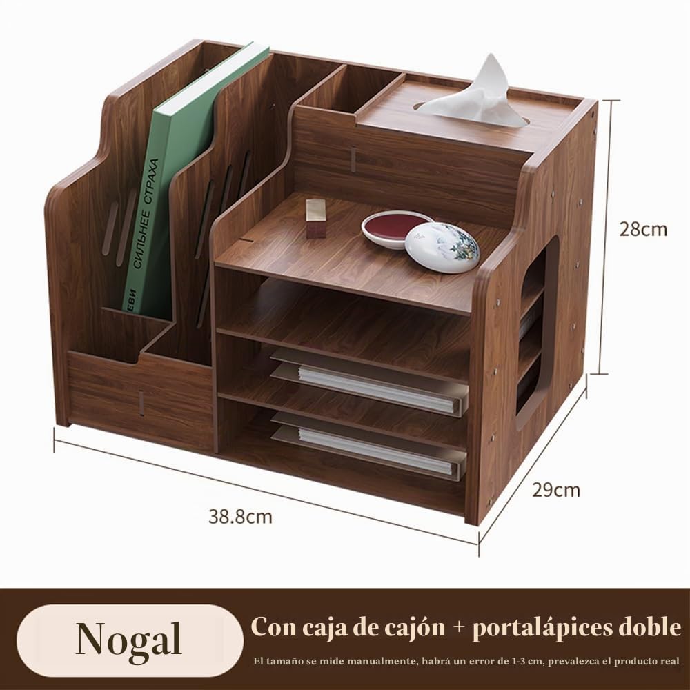 Hggzeg Organizador de escritorio de madera, organizador de archivos y documentos de papel A4, caja de almacenamiento de suministros