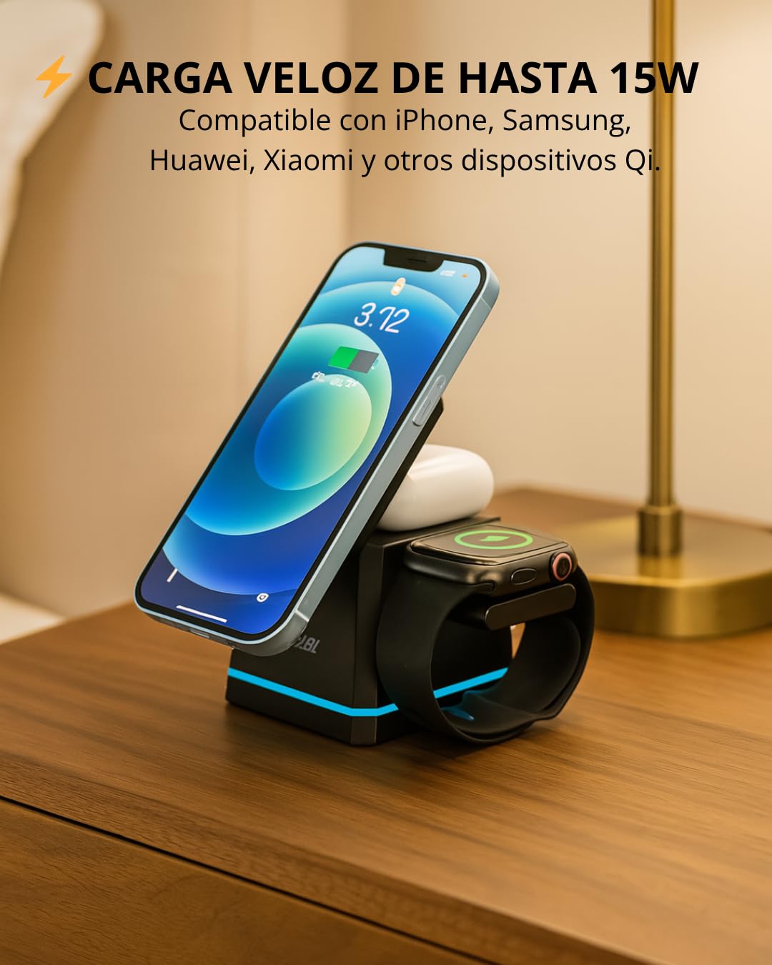 Energizer WCP307 3-1 Cargador de escritorio inalámbrico de 15 W | Carga rápida para smartphone, auriculares y Apple Watch, compatible con MagSafe, soporte plegable con soporte ajustable, USB-C, seguro