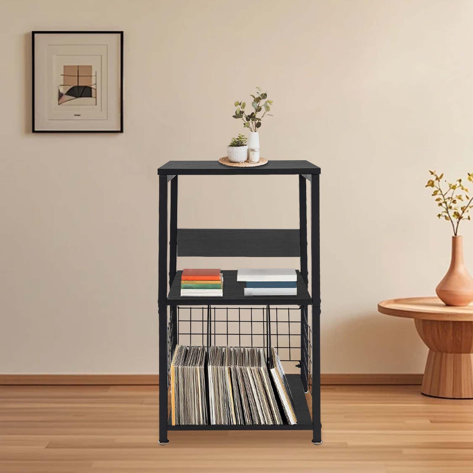 Mobile Vinile Stoccaggio a 3 livelli Ripiano Giradischi carico 45kg Struttura Ferro MDF Stabile Separatori Porta dischi Rimovibili Tavolo di Supplemento per Soggiorno Camera Ufficio