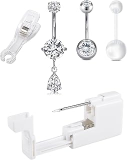 QWALIT Belly Button Piercing Kit Belly Piercing Kits Silver Belly Button Piercing Gun Self Belly Piercing Gun with Surgical Steel Dangle Belly Rings at Home