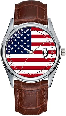 Men Watch Casual Waterproof Quartz Watches Clock Date Classic Business Brown Leather Christmas Wristwatch American Flag Stainless Watch