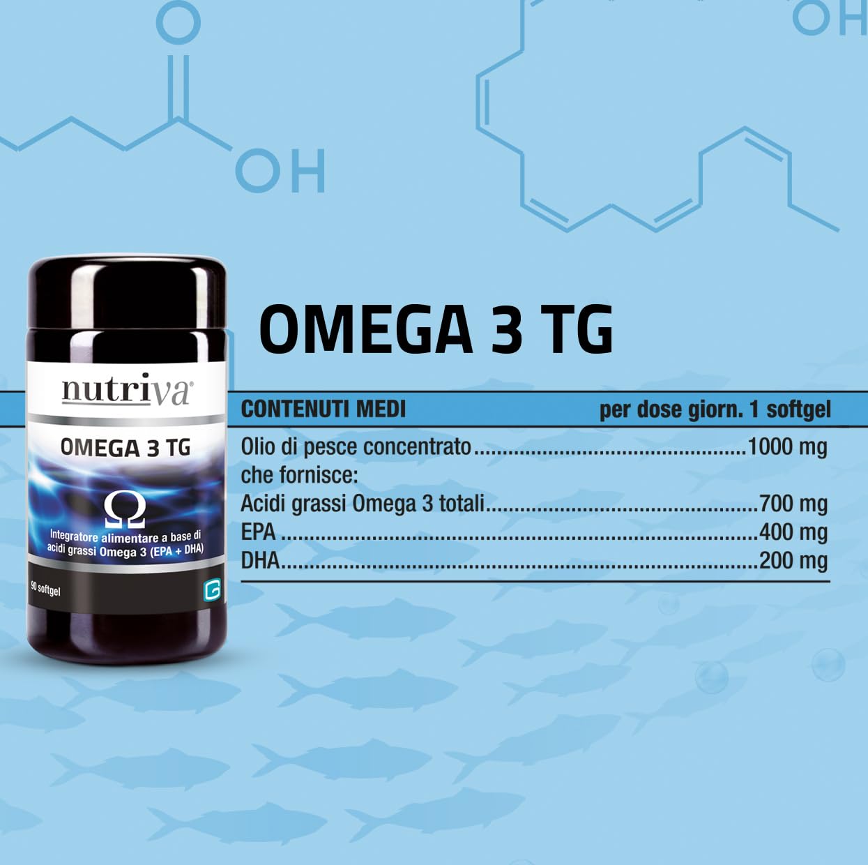 Nutriva Omega 3 TG - Complément alimentaire à base d'huile de poisson riche en acides gras oméga 3 (90 gélules)