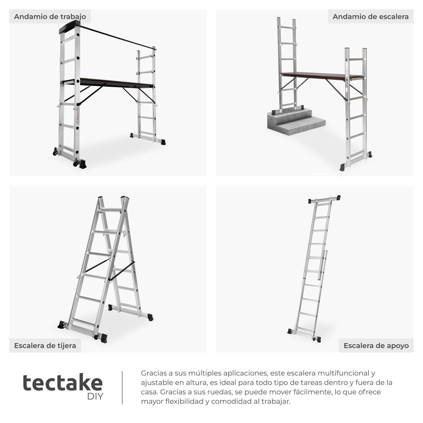 tectake® Escalera Plegable Aluminio, Escalera Telescópica Multiusos 4 en 1: Escalera Extensible, Escalera de Tijera, Andamio Simple, Andamio para Desniveles, con Ruedas, Estable, Carga MAX. 150 kg