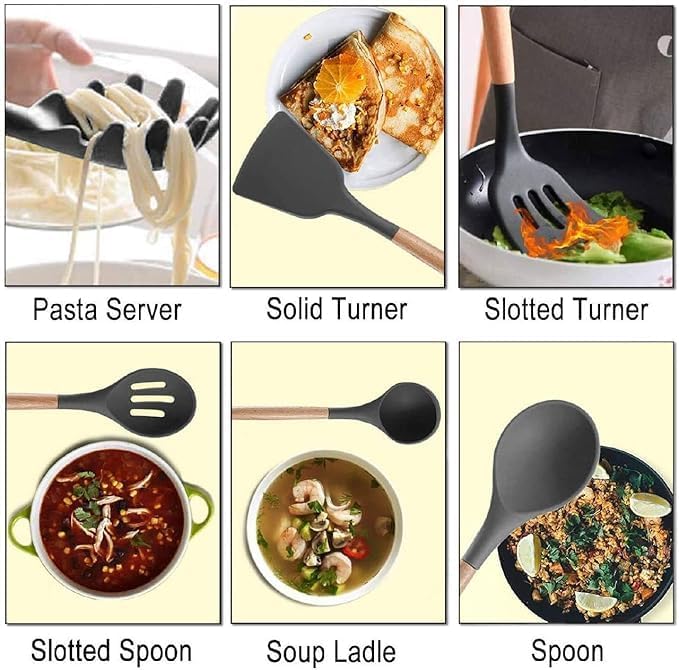 Image of Silicone Kitchen Utensil Set with Wooden Handles, 12 Piece Cooking Spoon Set with Holder, Dark Grey