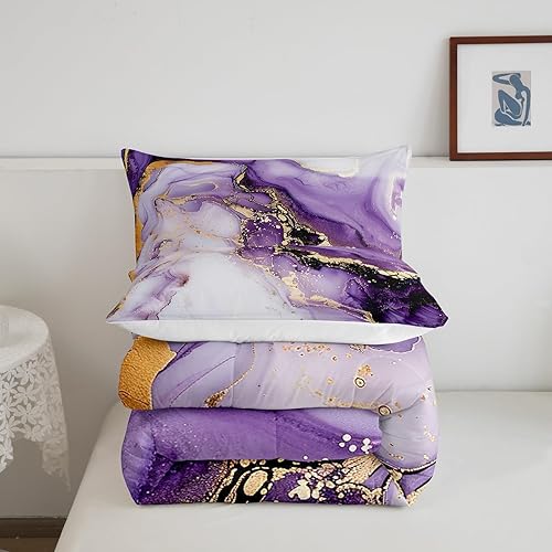 Miniatura 6 de Erosebridal Juego de edredón de mármol abstracto tamaño queen, color morado acuarela, juego de ropa de cama fluida de montaña, edredón dorado