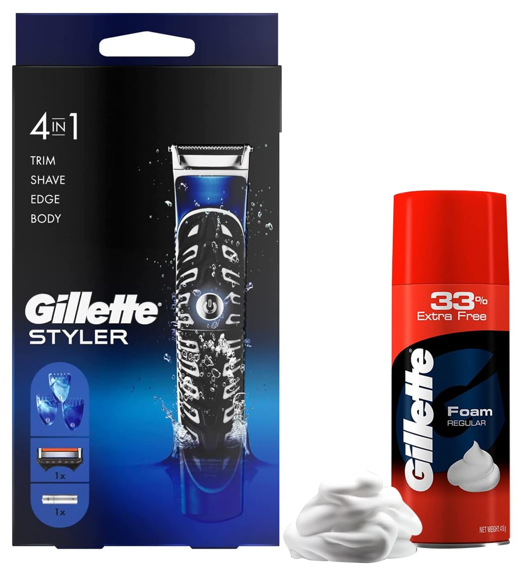 Gillette Men Fusion Proglide 4-In-1 Styler For Trimming Shaving Beard Edging Body Hair Trimming & Classic Regular Pre Shave Foam, 418G With 33% Extra Free, Rechargeable Battery (B0CDD436G3) Amazon Price History, Amazon Price Tracker