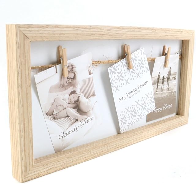 Wooden Peg Photo Frame - house-warming gift, new job present, Triple hanging photo string wall or table top