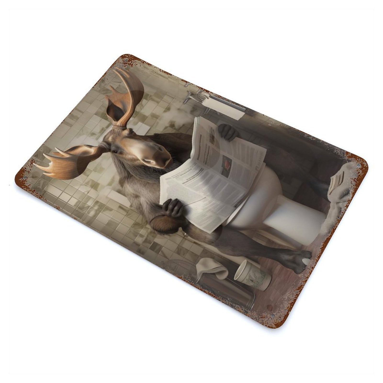 Weathered Tin Sign with Moose on Toilets Design 11.8"x7.9", for Shed, Workshop And Garage Wall Decor, Decorative Metal Wall Art