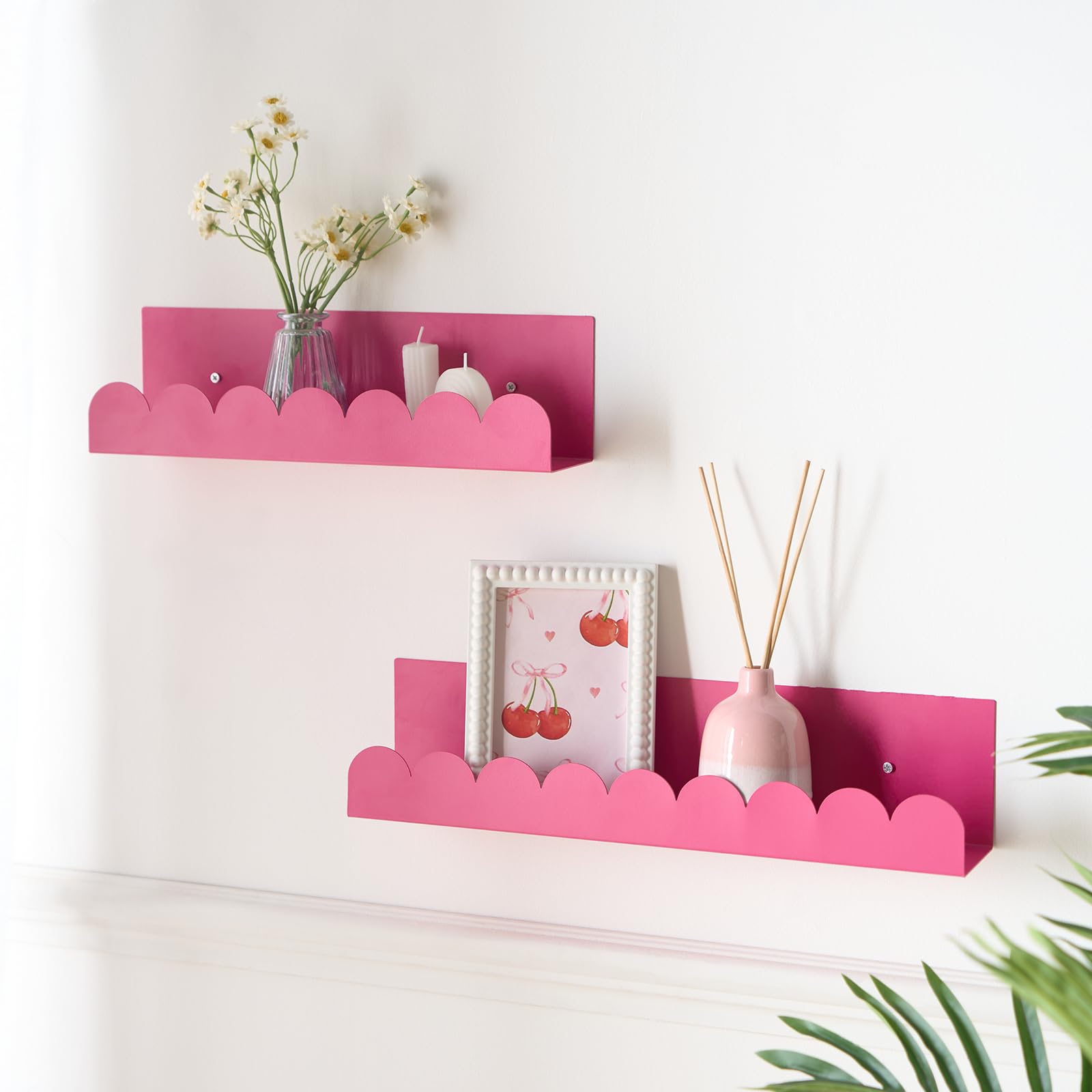 OHS Floating Shelves for Wall, Set of 2 Scallop Wall Shelves Decorative Bright Pink Floating Shelf Storage Organizer Display Shelf for Bathroom Bedroom Living room Kitchen