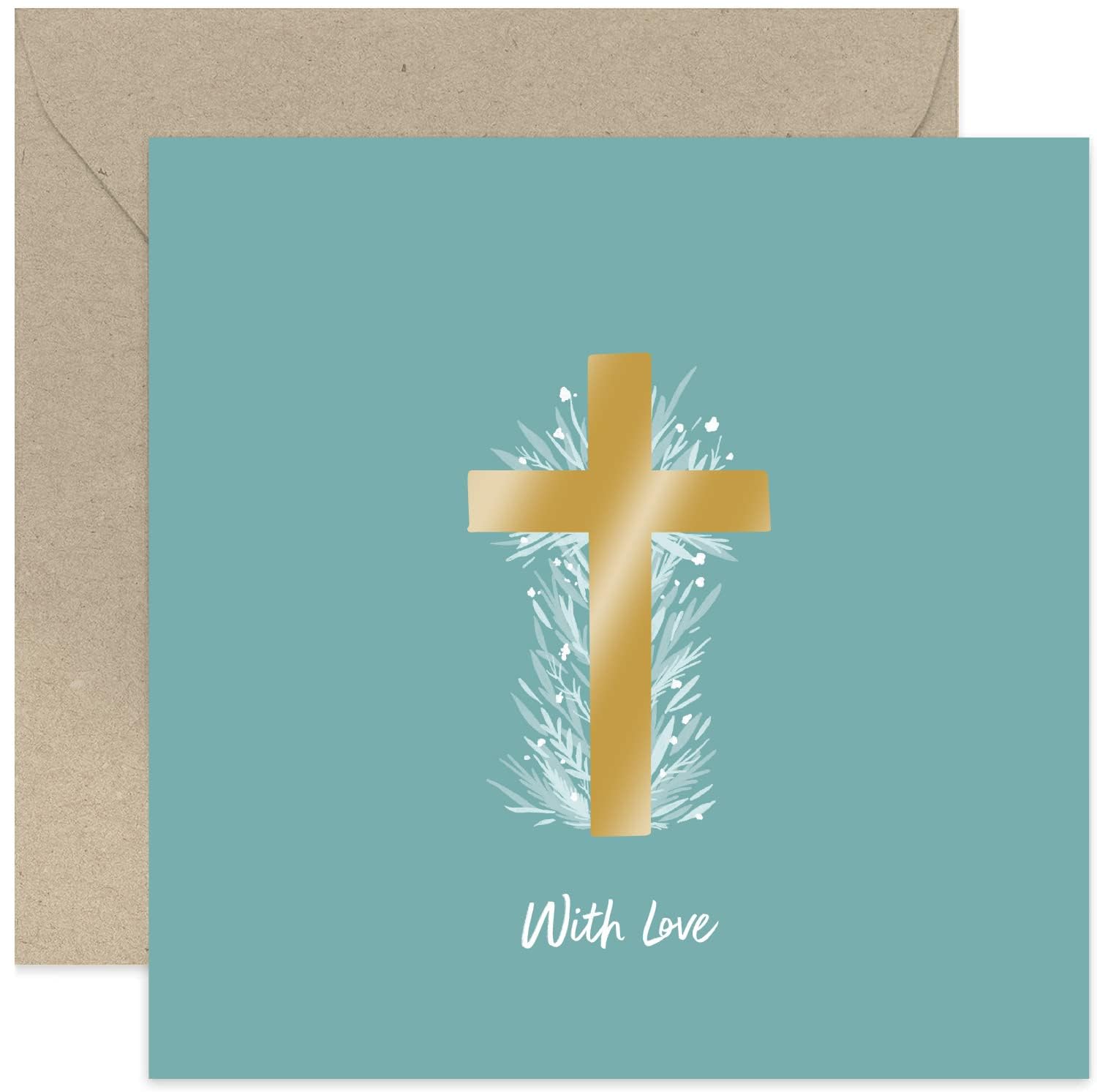 Old English Co. Cross With Love Card for Child or Adult - Gold Cross Brushstrokes Floral Design for Easter, Christening Day, Baptism, Dedication Day -