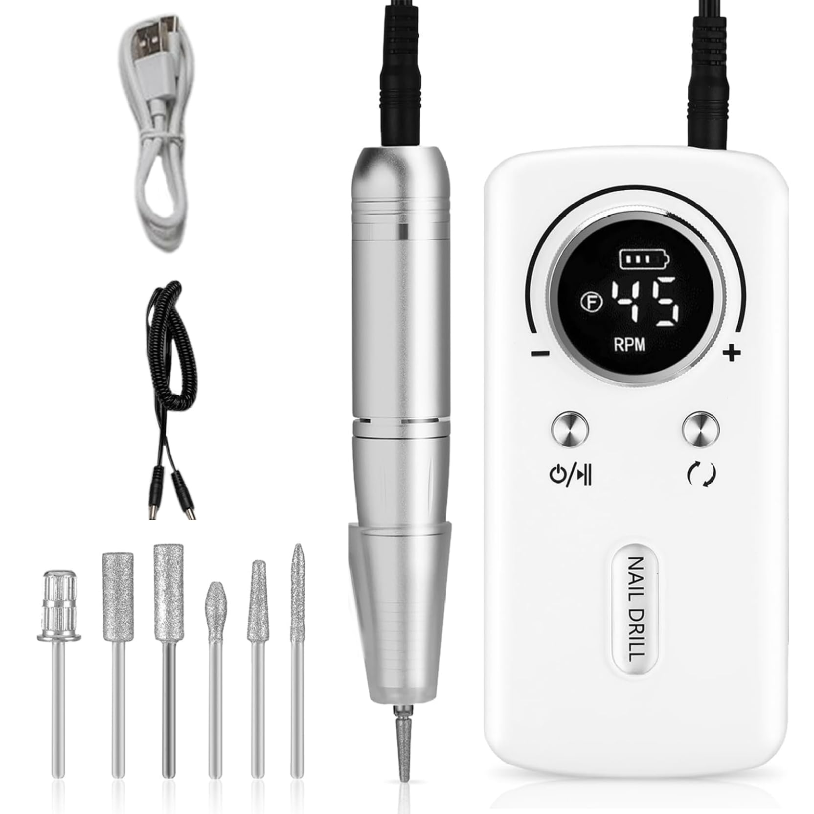 1 juego de taladro de uñas eléctrico 45000 RPM Kit de taladro de uñas recargable portátil profesional para acrílicas con lima eléctrica de 6 puntas para manicura pedicura.