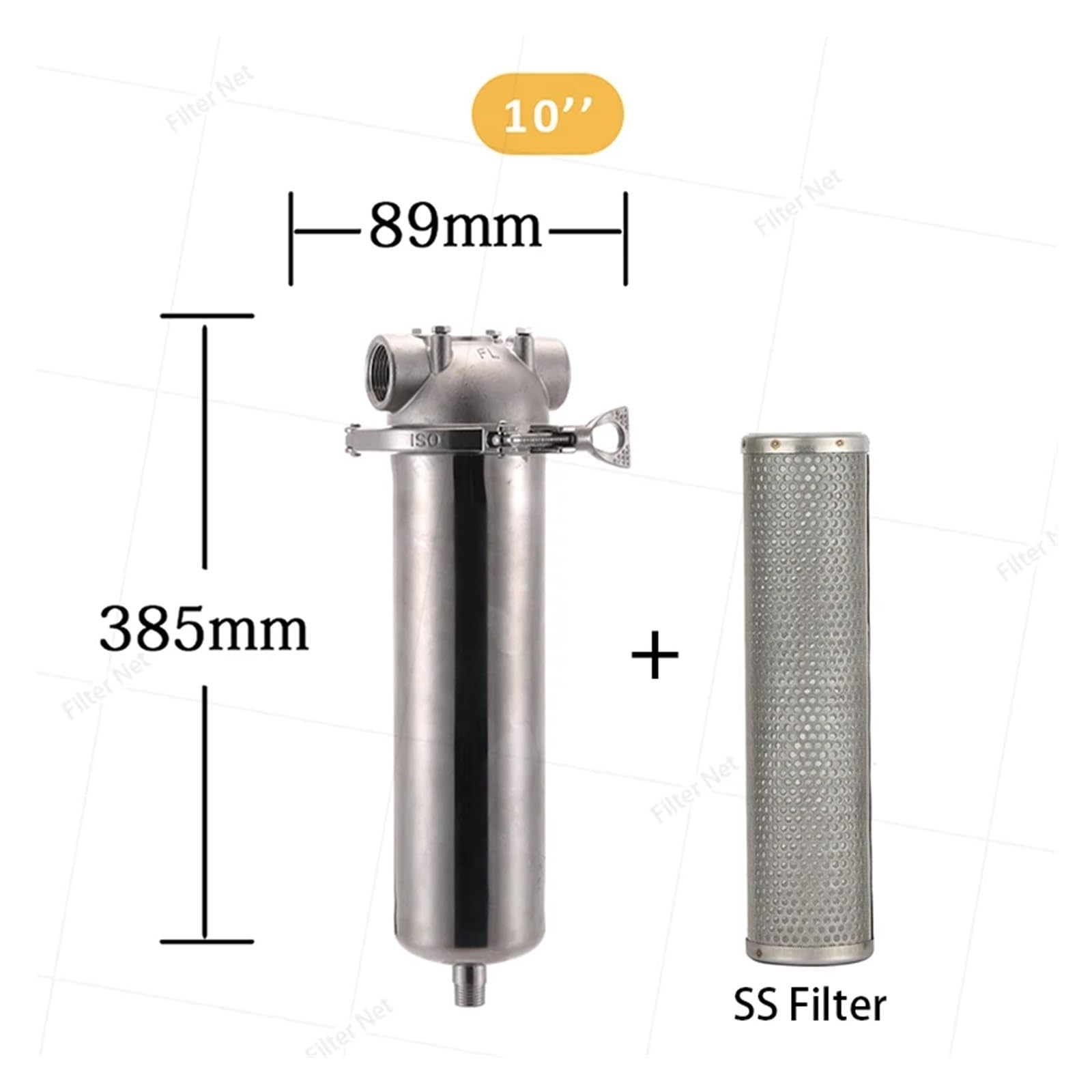Carcasa de filtro agua acero inoxidable 304 10Kg for cartuchos 10''L, entrada y salida 3/4 pulgadas Npt con soporte(10clamp dn25 withSS)