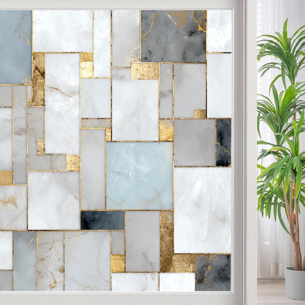 Chic Marble Stained Glass Window Film, Glam Geometric Golden Lines Peel and Stick Privacy Film, Frosted Adhesive Vinyl Decorative for Bathroom Windows Glass Doors, 23.6Wx35.4L inch